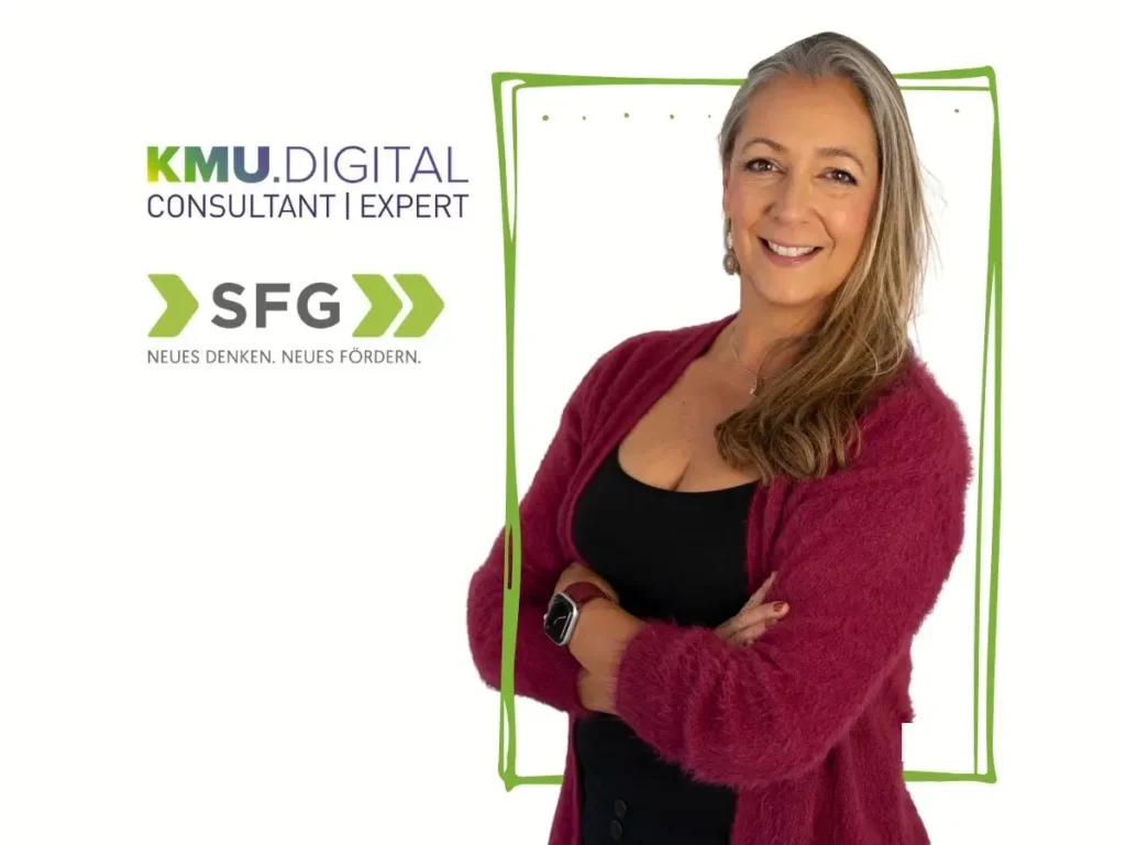 Profil Elke Egi mit Logos KMU.DIGITAL und SFG